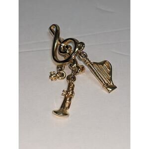 Vintage Treble Clef Musician Band Brooch Pin Harp Trumpet Key Charms